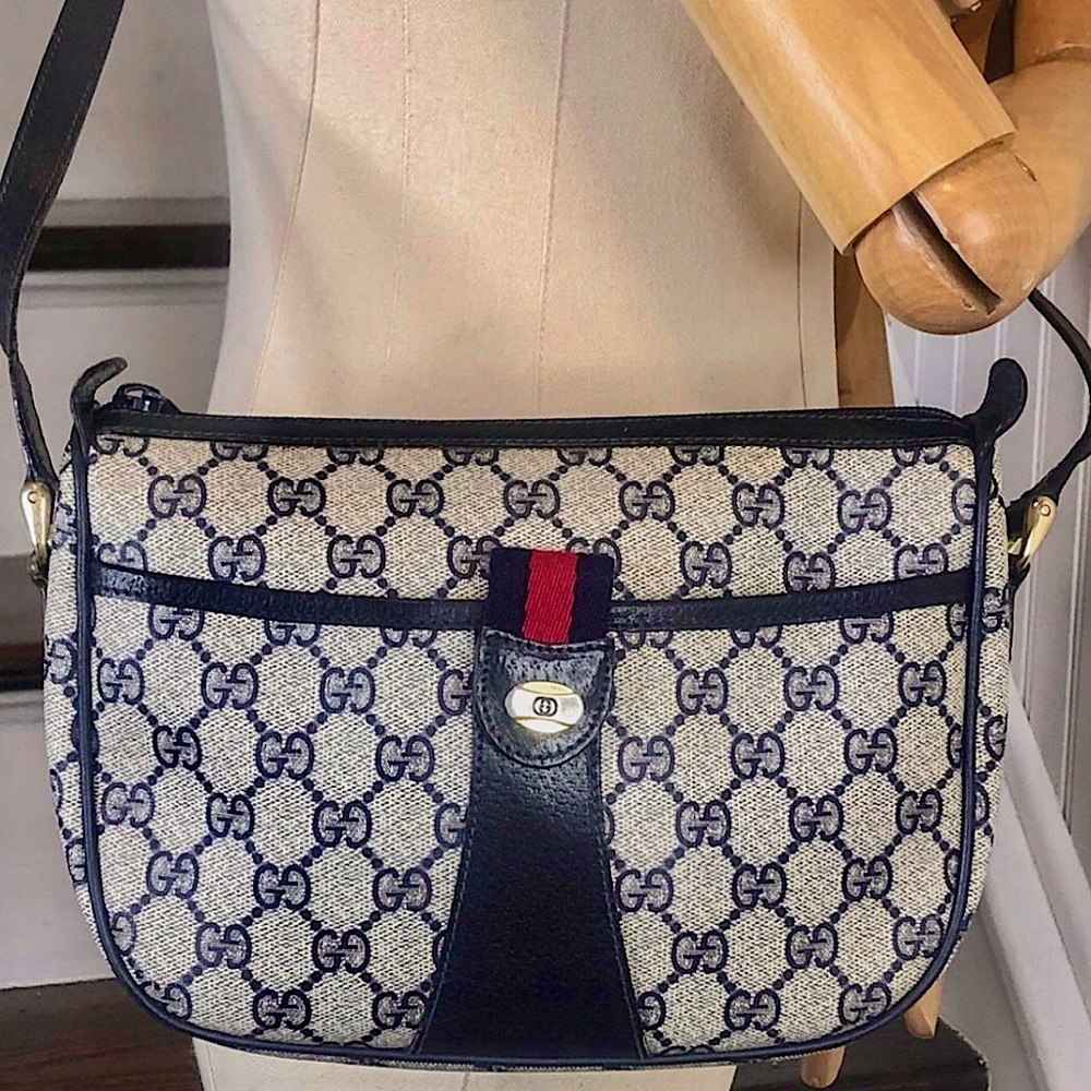 GUCCI GG Navy Sherry Line Leather and Coated Canvas Crossbody Shoulder Bag
